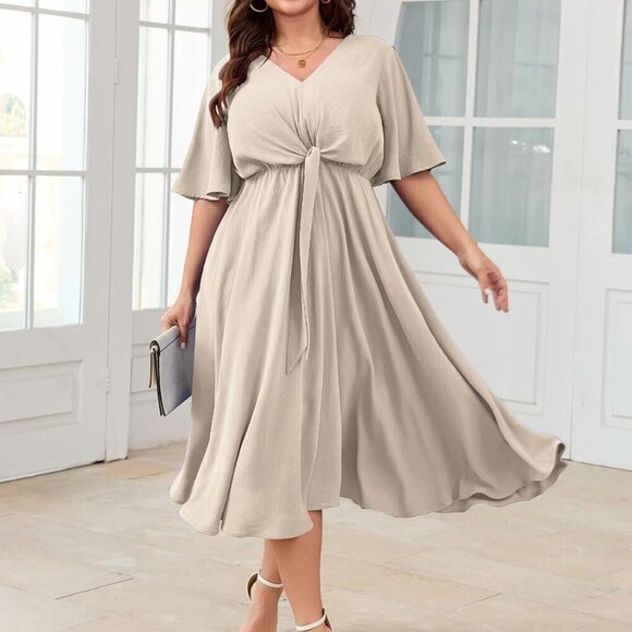 Women Plus Size Midi Dresses Wedding Guest Short Sleeve V Neck Tie Waist Casual - Picture 5 of 6
